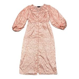 Eloquii pink silky floral midi dress puff sleeve button front vintage inspired